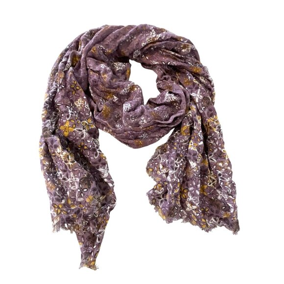 Eddie Bauer Floral Scarf One Size Fringe Trim Purple Neck Wrap Linen Blend Boho - Picture 1 of 7